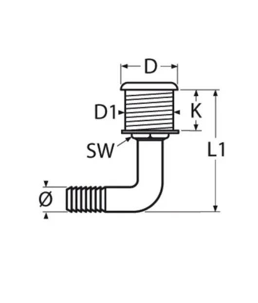 Läbiviik laevakerele 1" x 19mm, põlv 90°, plastik/AISi316 - Image 2